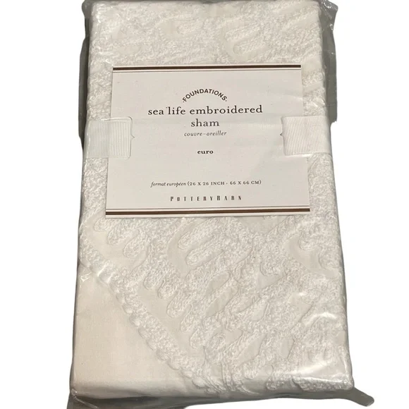 NEW Pottery Barn White Sea Life Embroidered Euro Pillow Sham 26x26