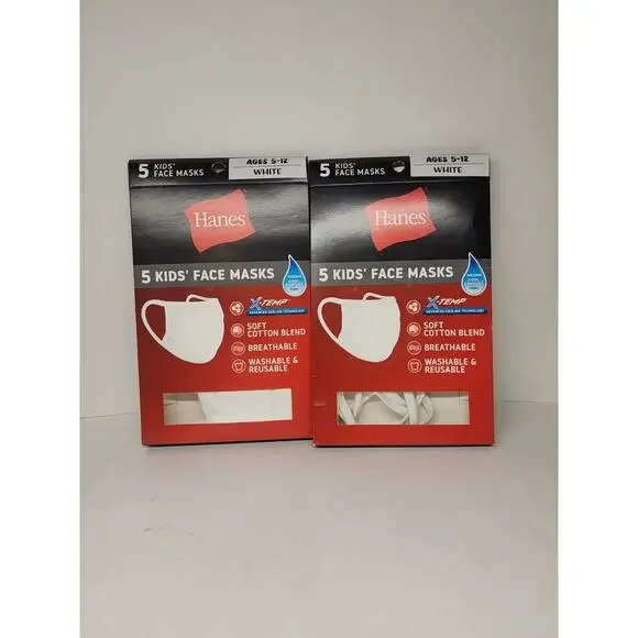 Hanes Kid’s Face Mask Cotton/Poly Blend Reusable washable 5pcs White 2 Pack