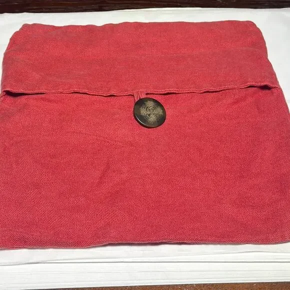 Pottery Barn Pillow Cover Red 100% Linen 18x18 Square Case Button Rustic