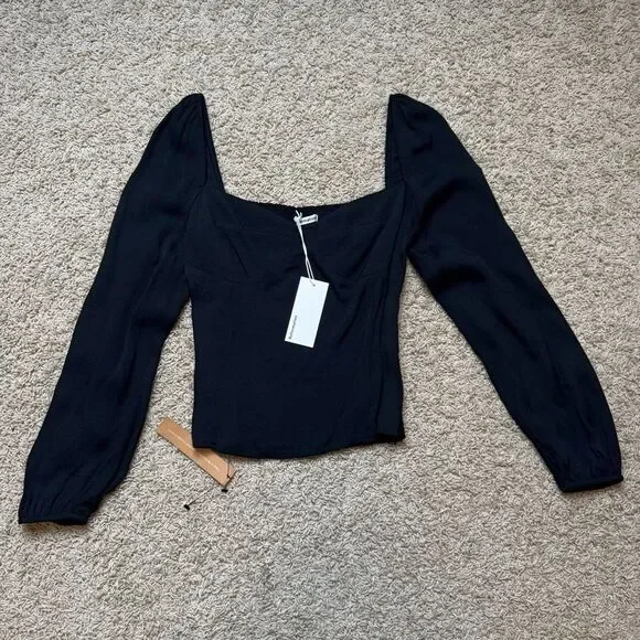 Reformation Reign Top Square Neck Long Sleeve Black NWT 10