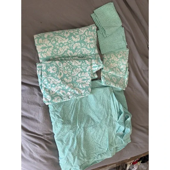 Pottery Barn Dorm Full Sheet Set Pool Damask W/ Aqua Dots Duvet And Shams