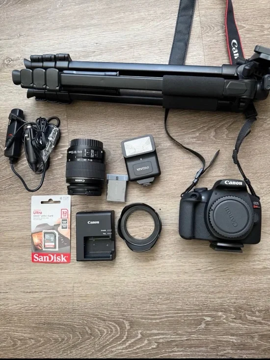 Canon DSLR Camera Kit in Black with Tripod, Lens, Flash & Accessories