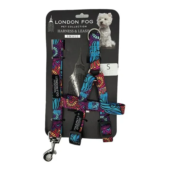 NWT London Fog Designer Multicolor Dog Harness and Leash in S, M or L