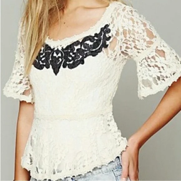 Free People Cream Lace Flutter Sleeve Blouse Black Embroidery Small