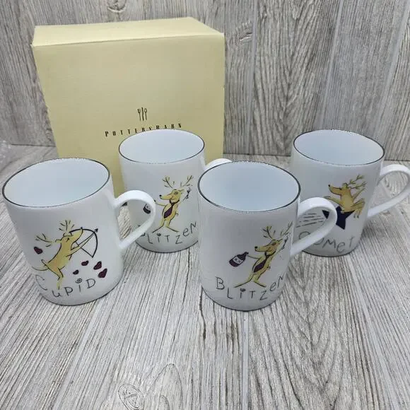 Pottery Barn Reindeer Mugs Set of 4 Comet Cupid Double Blitzen Christmas‎ Boxed