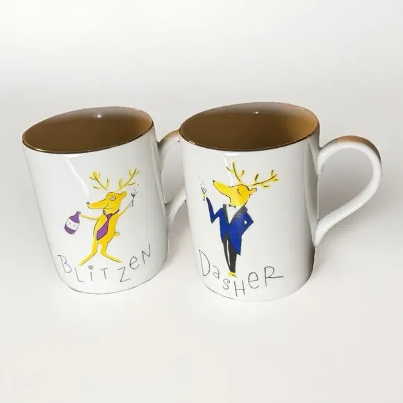 Pottery Barn‎ Reindeer Blitzen Donner Porcelain Mugs Set Of 2