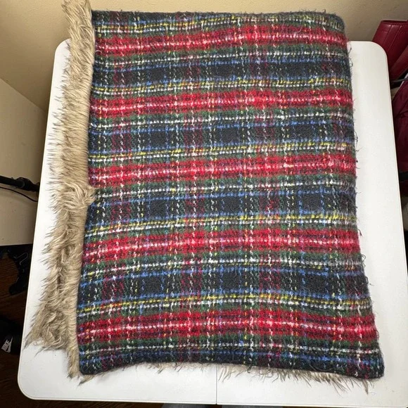 Pottery Barn Stewart Green Plaid Faux Fur Back‎ Throw Blanket 50x60 Cozy