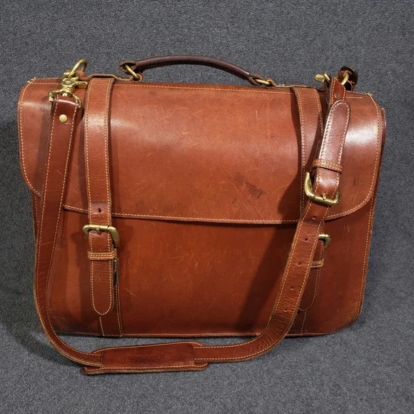 King‎ Ranch Leather Briefcase Mens Large Brown Messenger Bag Brass Running W