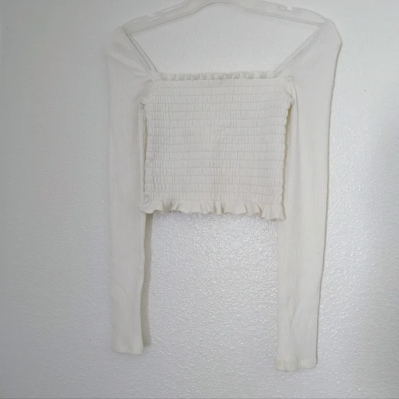 Reformation Creamy Smocked Crop Top Square Neck Sz S Stretch Long Sleeves