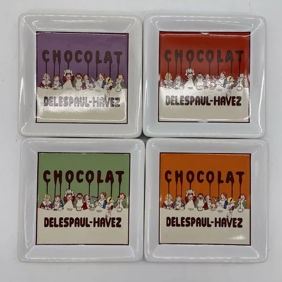 Pottery Barn CHOCOLAT Delespaul-Havez Art Square Coasters Nouveau 4 Cork Back