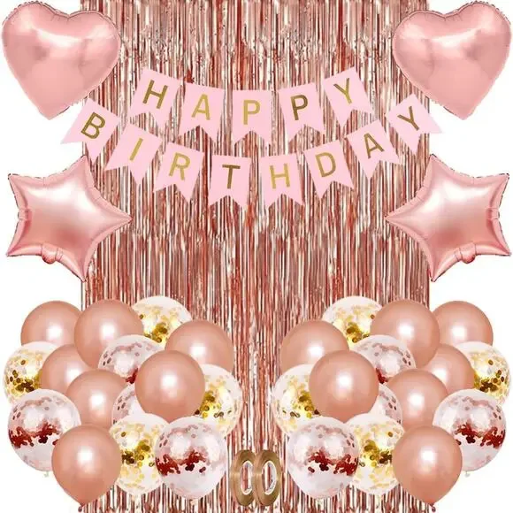 Rose Gold Birthday Party Decorations, Banner, Fringe Curtain, Confetti Balloons