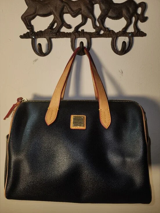 Dooney & Bourke Black Pebbled Leather Olivia Satchel Tan Handles
