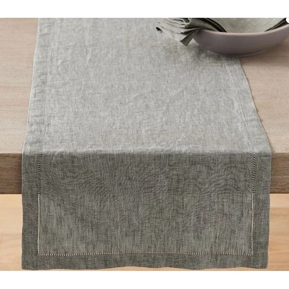 Pottery Barn Gray 100% Linen Hemstitch Table Runner 16 x 108 Long Rectangular