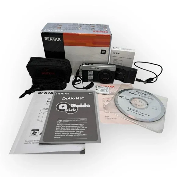Pentax Optio H90 Digital Camera 12.1MP 5X Zoom w/ Box Case Charger Tested Works