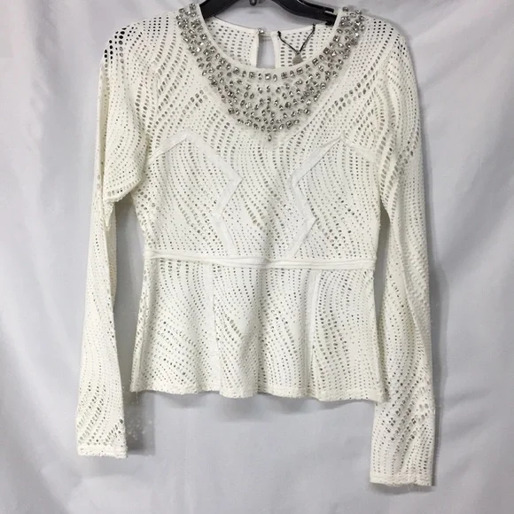 BKE Boutique Women’s White Lace Blouse With Rhinestones Size S Like-NEW
