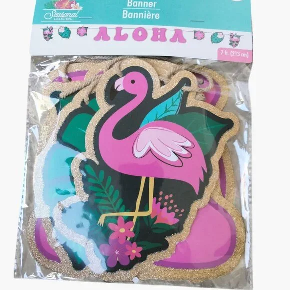 Aloha Flamingo Banner Party Decoration 7 ft Tropical Pink Gold Glitter