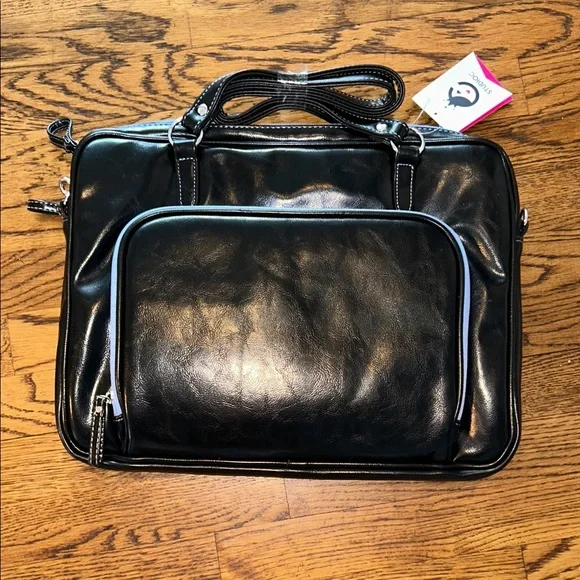Studio C Black Leather Briefcase with lavender zipper