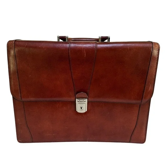 Bosca Old Leather Flap Over Briefcase Attache Doctors Lawyer Messenger Bag W/Key