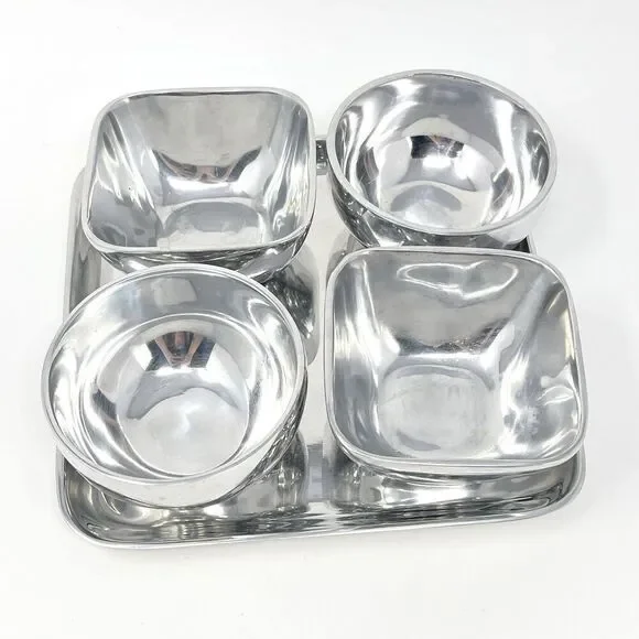 Pottery Barn Barona Condiment Snack Tray Bowls Square Silver Aluminum Party Set