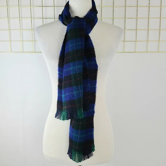 Christian Dior Blue Green Tartan Plaid Fringe Vintage Unisex Scarf