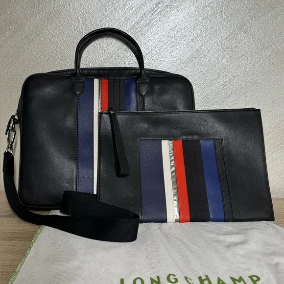 Longchamp Black Leather Colorful Stripes Briefcase and Pouch Set Signature