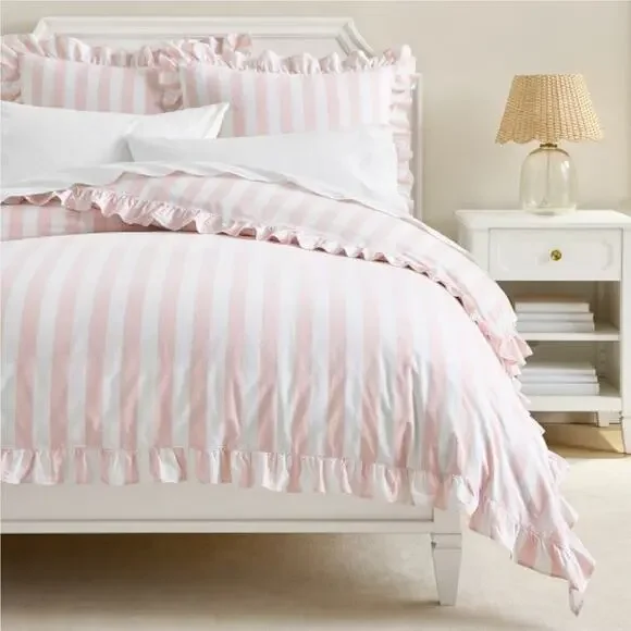 Pottery Barn Cabana Stripe Ruffle Pink White Cotton Twin Duvet Cottage Shabby