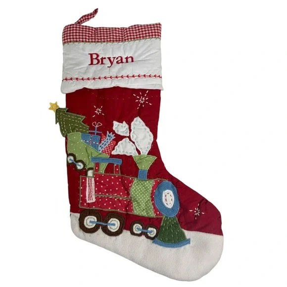 Pottery Barn Kids Quilted Train Trees Gingham Christmas Name Bryan Stocking