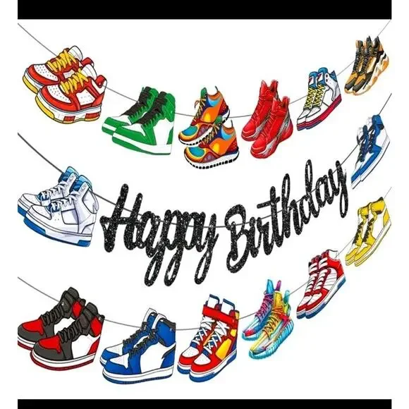 Glitter Black Sneaker Happy Birthday Banners 3Pcs Sports Shoes Theme Party De...