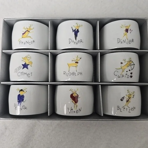 VTG Pottery Barn Reindeer Christmas Napkin Rings Set of 9‎ Made in Japan