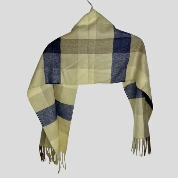 CHRISTIAN DIOR Monsieur Vintage Check‎ Tan Plaid Cashmaire Scarf Fringe 11”x48”