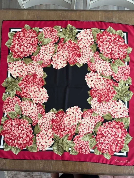 Dior Silk Scarf Red Black Floral Hand Rolled
