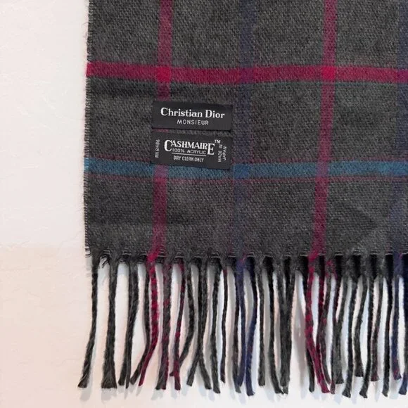 Christian Dior Monsieur Vintage Cashmaire Plaid Fringe Scarf Designer Luxury