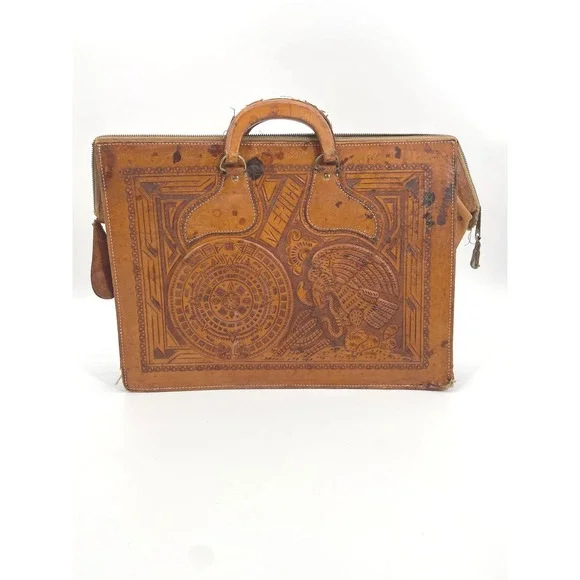 Vintage Mexican Hand Tooled Leather Briefcase - Aztec Sun Stone & Eagle - As-Is