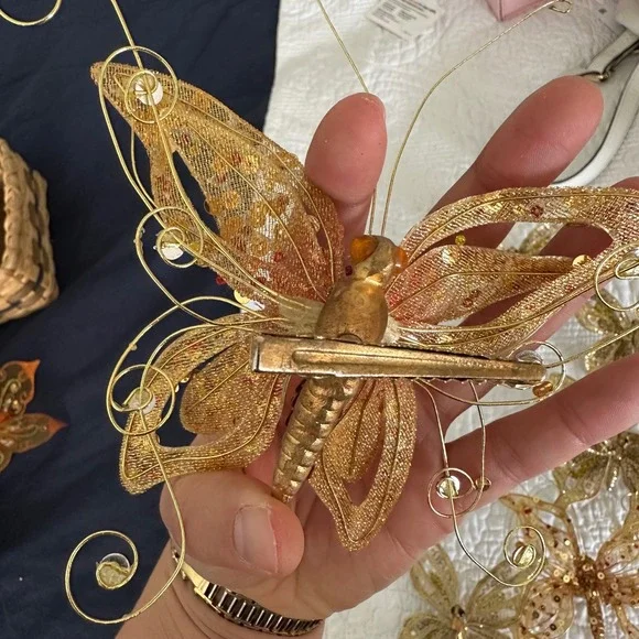 Sparkling‎ Gold Butterfly Embellishments Clip On Set of 5 Holiday Decor Accents
