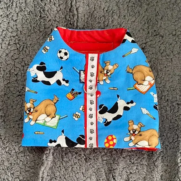 Like New- DOGS on a Blue background playing harness- handmade