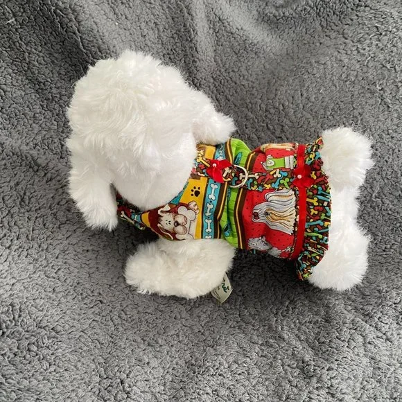 NEW- DOG PRINT ON BROWN small dog harness w-ruffle handmade