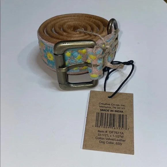 Creative Co-Op Blue and Brown Dog Collar Floral Embroidery 22.5” NWT