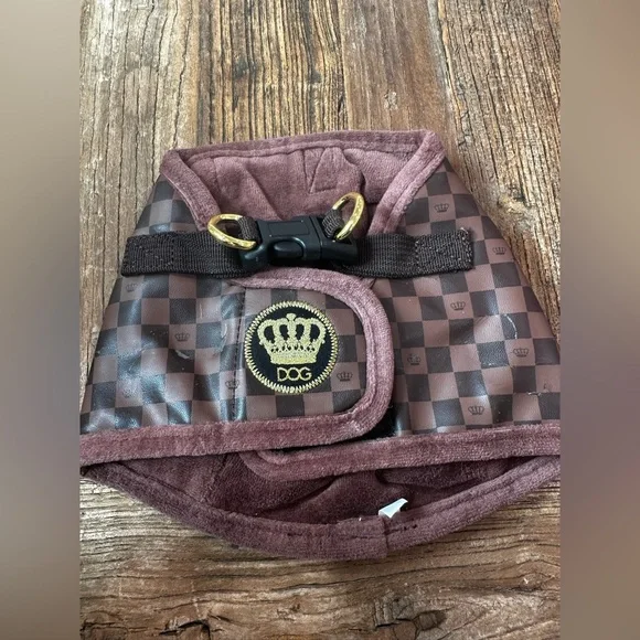 Brown Checkered Dog Harness with Crown Logo