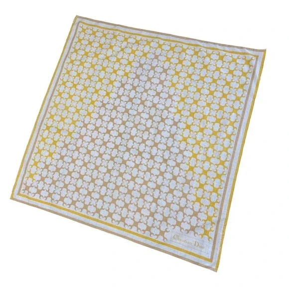 Christian Dior Cotton Scarf Yellow White Geometric Pattern Square Neckerchief