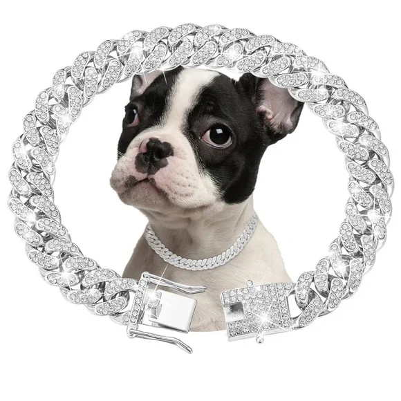 Rhinestone Cuban Link Dog Collar - Silver