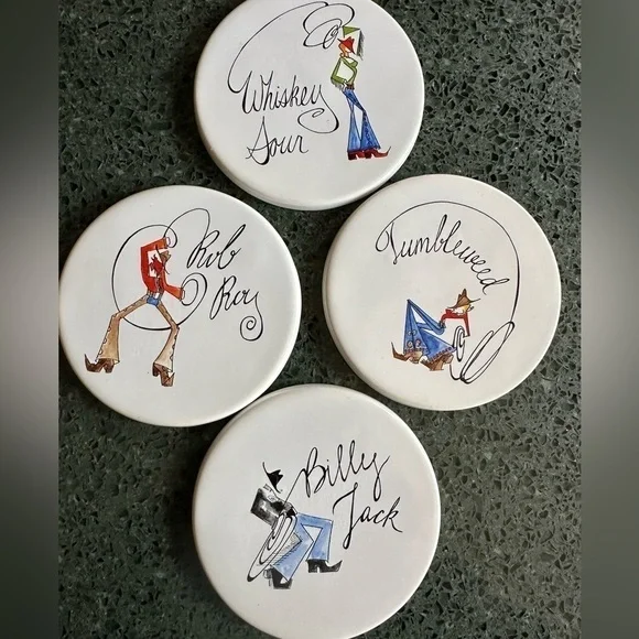 Pottery Barn Tie One On Cocktail Western Cowboy Ceramic Set of 4 Coasters