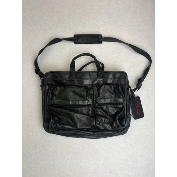 Tumi‎ Black Leather Alpha Expandable Organizer Computer Briefcase Bag Patina