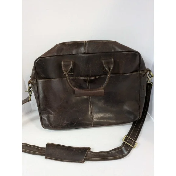 Mens Dark Brown Distressed Leather Briefcase Messenger Laptop Bag Brass Hardware
