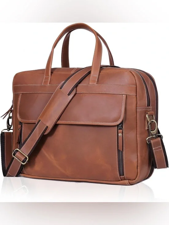 (NEW) Large Brown Genuine Leather Men’s 18” Briefcase / Work Bag / Travel