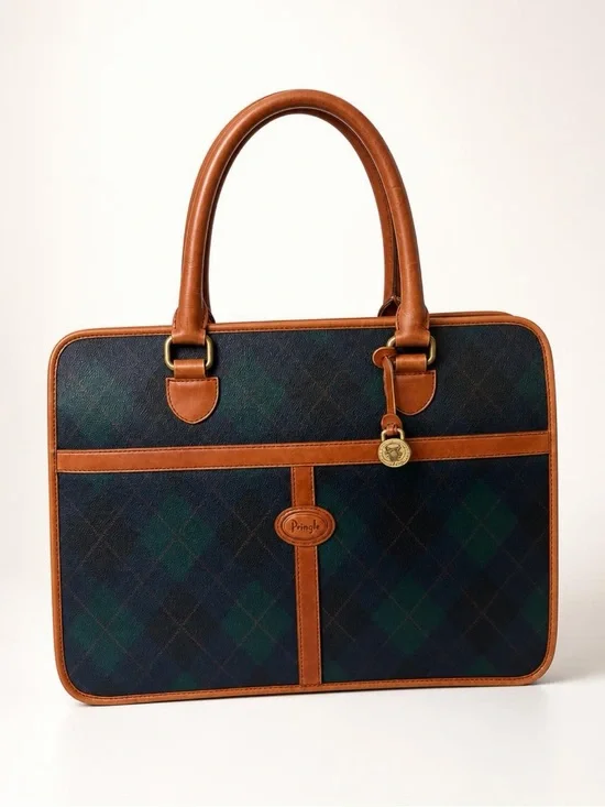 Pringle of Scotland VTG leather & coated canvas laptop bag, zip, brass, GUC