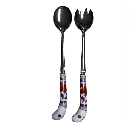 House of Prill Stainless Sheffield England Porcelain Salad Utensils Serving Set