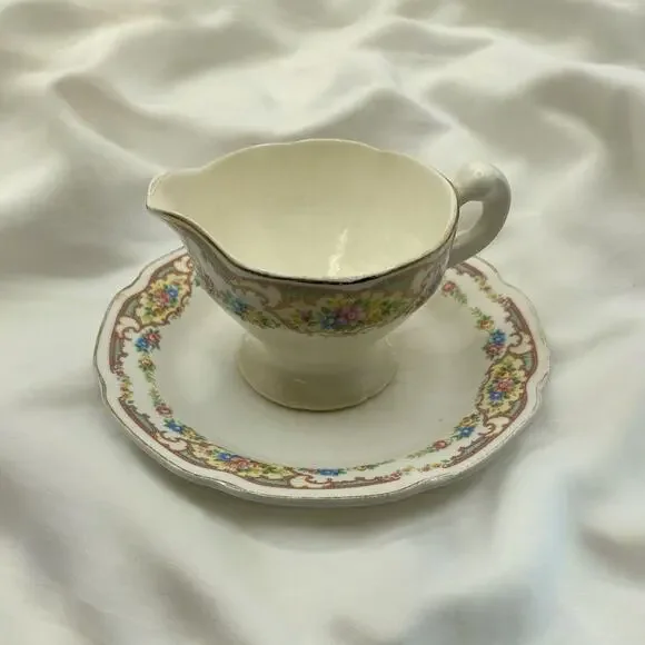 Antique 1930s Mount Clemens Mildred Footed Creamer & Plate Gold Trimmed USA USA