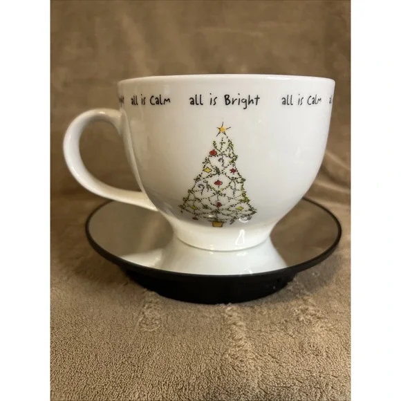 Pottery Barn Holiday Cheer Mug 20 oz Oversized All is Bright Calm Christmas Tree