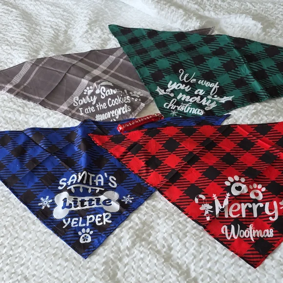 Festive Chriatmas Dog Bandanas Set - Red, Green, Blue, Gray & Red Collar