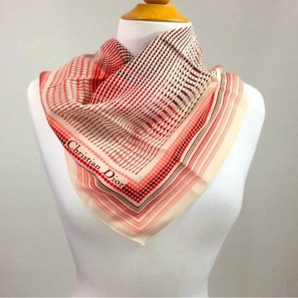 Vintage Christian Dior Red Brown Geometric Polka Dot Silk Square Scarf Luxury